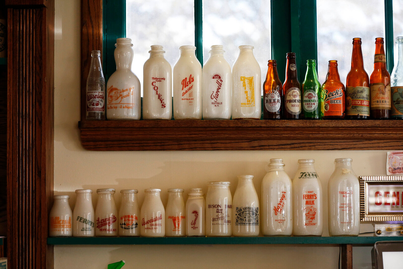 Milk bottles from Buffalo's past, behind Parkside Meadow bar